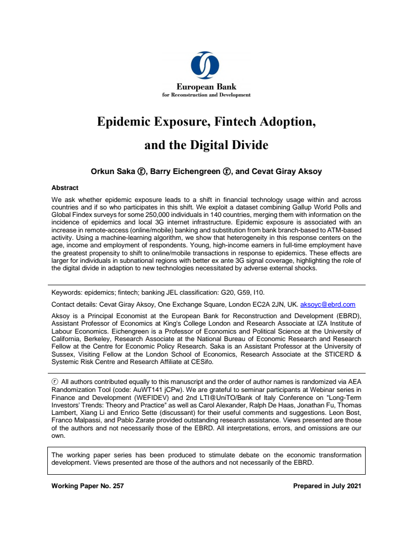 전염병 노출, 핀테크 채택 및 디지털 격차  (Epidemic Exposure, Fintech Adoption, and the Digital Divide)
