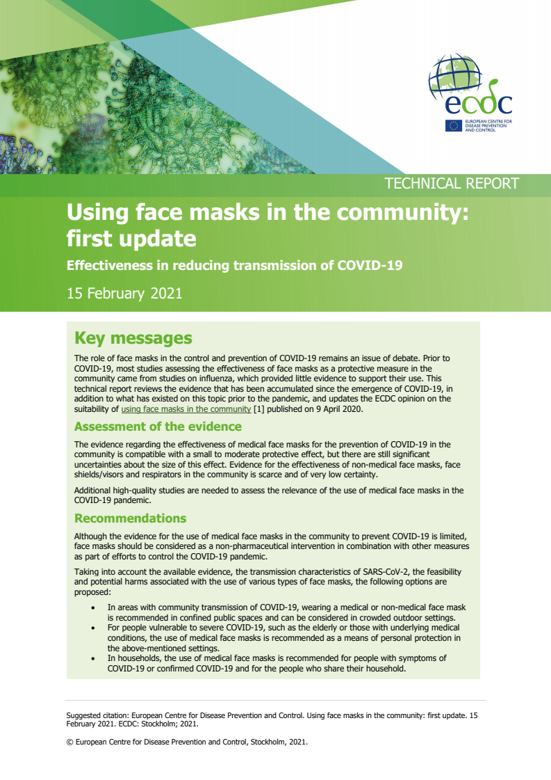 지역사회에서의 마스크 사용이 코로나19 전파 감소에 미치는 영향 : 개정판 1호  (Using face masks in the community: first update: Effectiveness in reducing transmission of COVID-19)