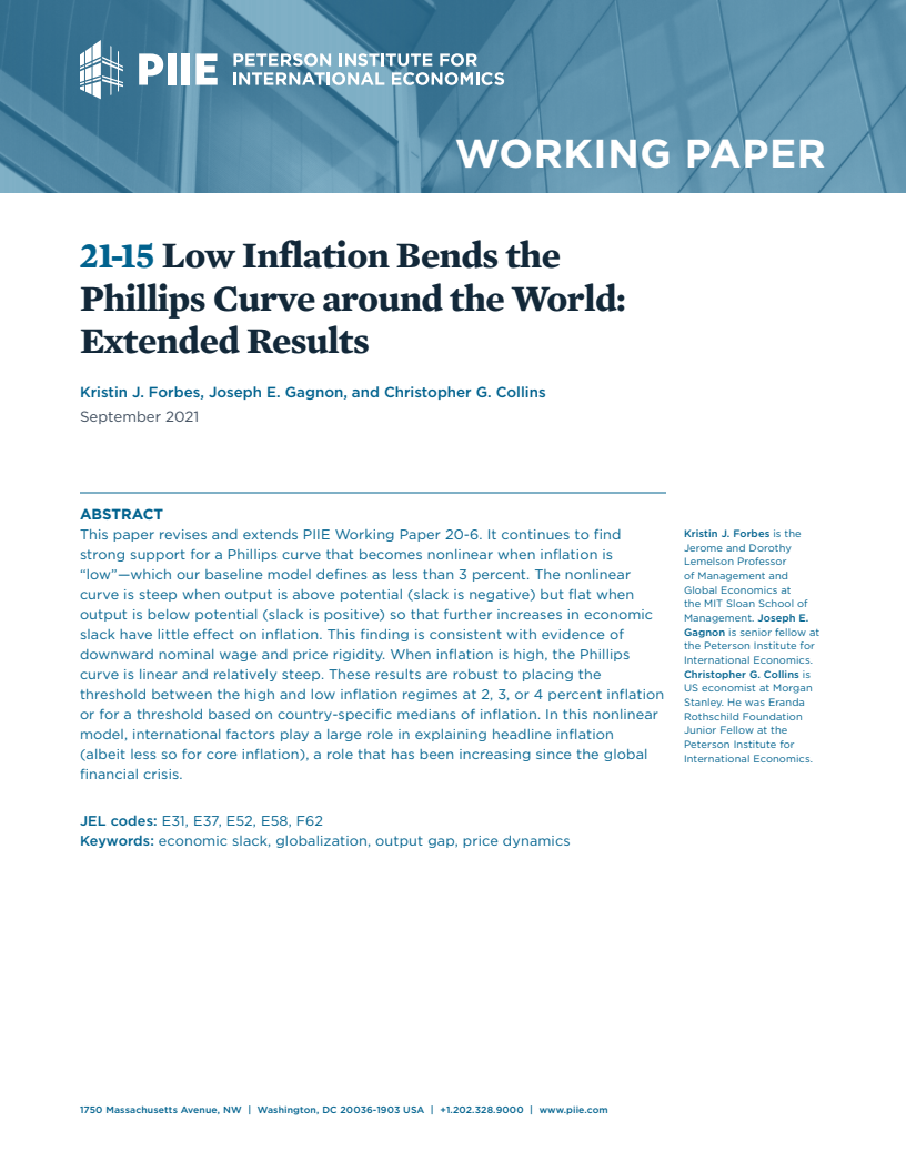 저금리가 전 세계 필립스 곡선에 미치는 영향 : 확대 연구 결과  (Low Inflation Bends the Phillips Curve around the World: Extended Results)(2021)