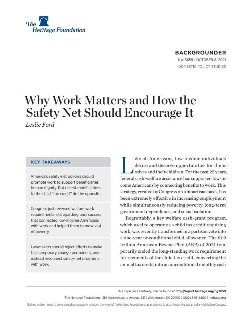 일의 중요성과 안전망이 일을 장려하는 방법 (Why Work Matters and How the Safety Net Should Encourage It)(2021)