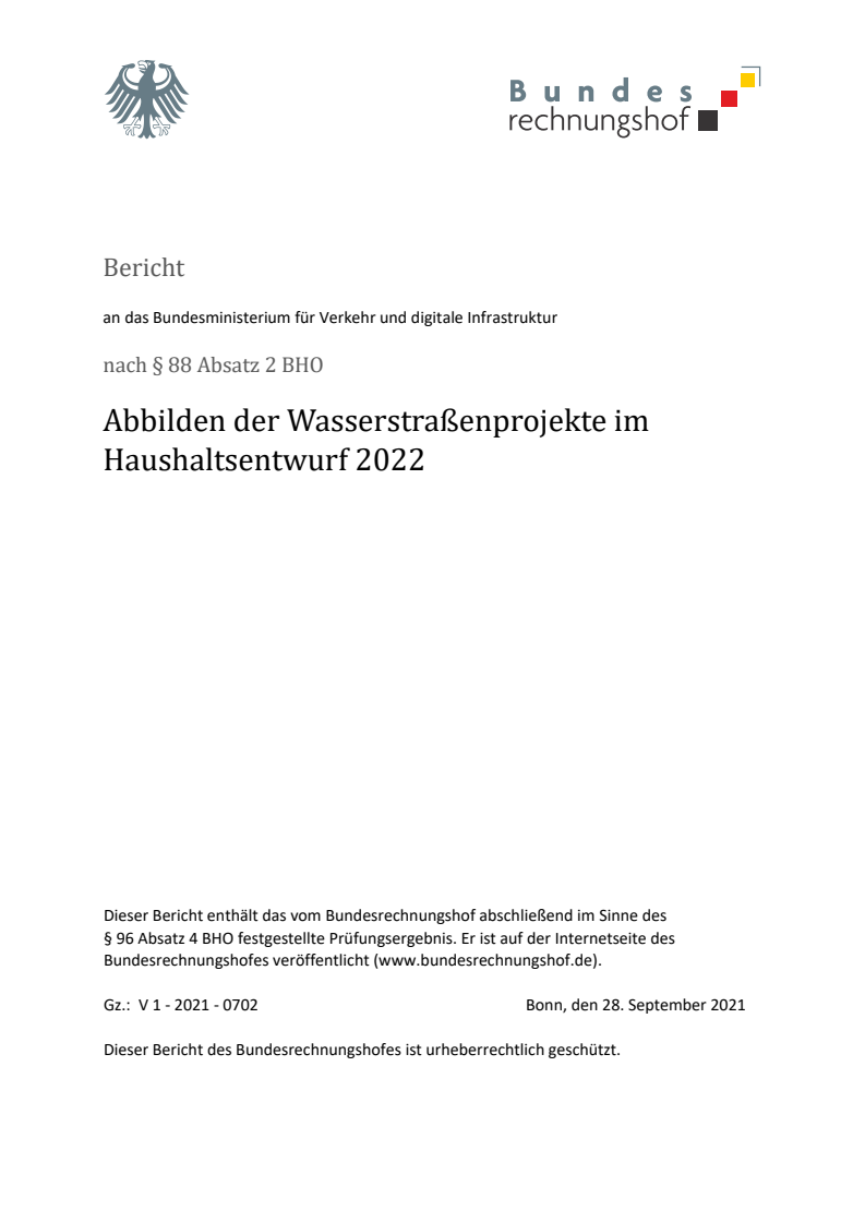 2022년 수로 프로젝트 예산 초안 : BHO § 88 단락 2에 의거 (Abbilden der Wasserstraßenprojekte im Haushaltsentwurf 2022: nach § 88 Absatz 2 BHO)