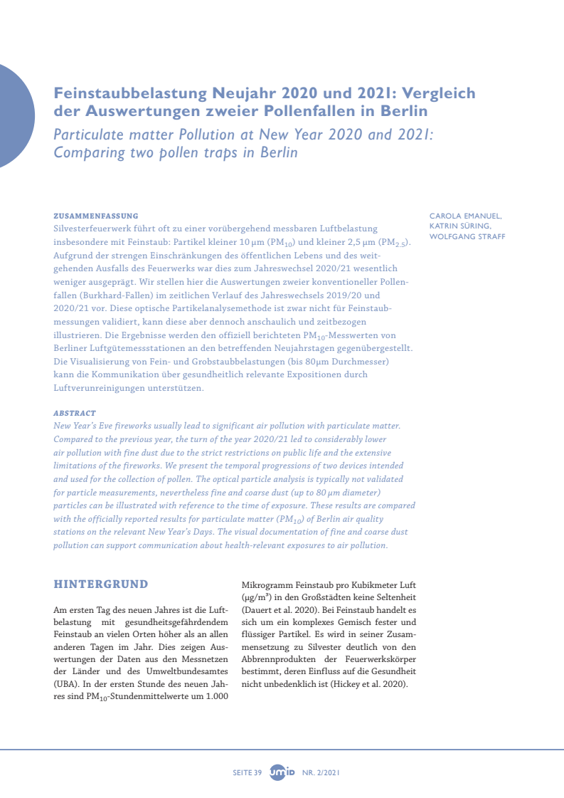 2020년과 2021년 미세먼지 피해 : 베를린 꽃가루 채집연구 평가의 비교 (Feinstaubbelastung Neujahr 2020 und 2021: Vergleich der Auswertungen zweier Pollenfallen in Berlin)(2021)