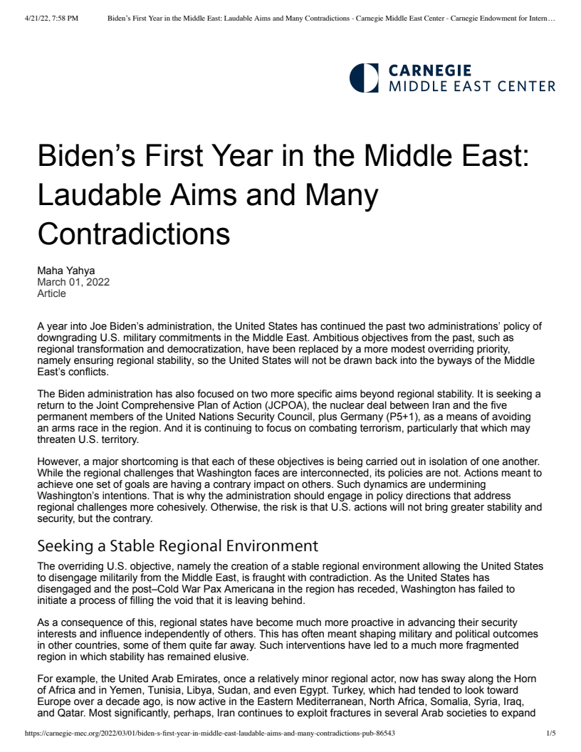바이든 행정부의 중동 정책 1년 : 칭찬할 만한 목표와 많은 모순 (Biden’s First Year in the Middle East: Laudable Aims and Many Contradictions)(2022)