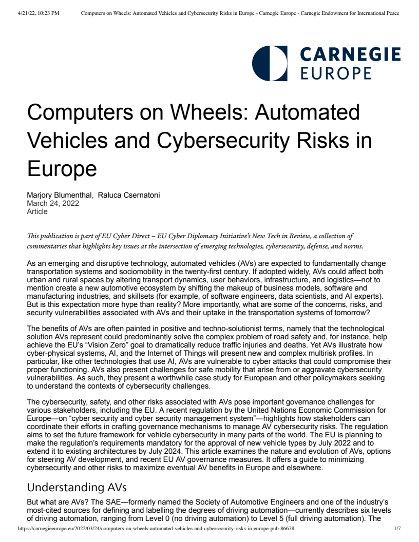 유럽의 자율주행차량과 사이버 보안 위험 (Automated Vehicles and Cybersecurity Risks in Europe)