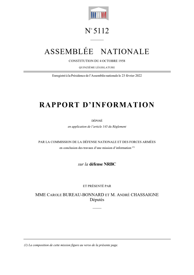 화학·생물학·방사능·핵(CRBN) 방어에 관한 보고서 (Rapport d´information sur la défense NRBC) 보고서 표지