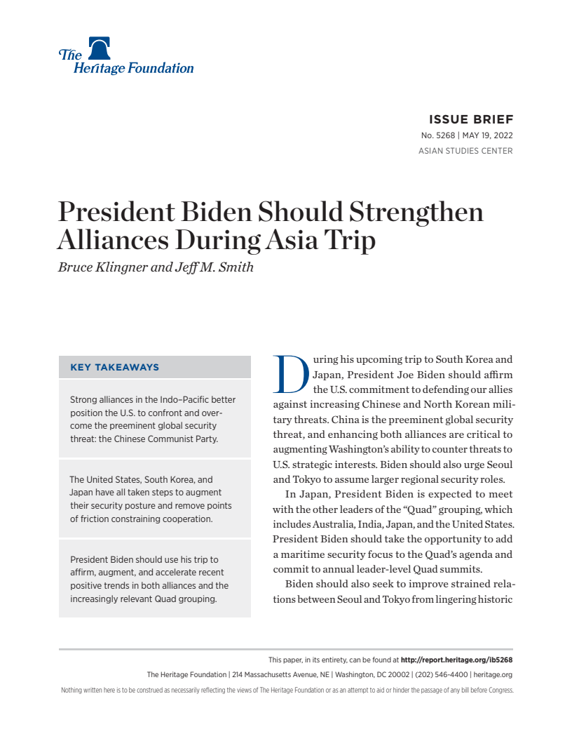 바이든 대통령이 아시아 순방 기간 동맹을 강화해야 하는 필요성 (President Biden Should Strengthen Alliances During Asia Trip)