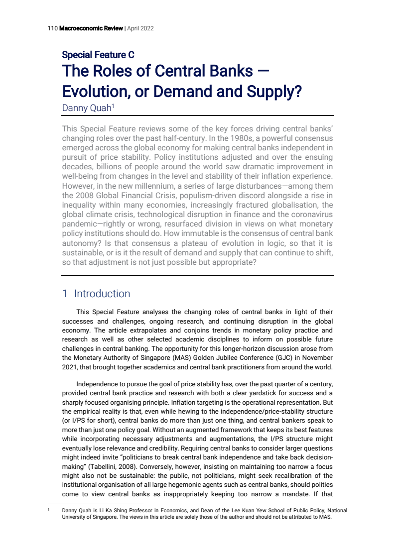 중앙은행의 역할 : 역할의 진화인가 수요와 공급에 따른 변화인가 (The Roles of Central Banks — Evolution, or Demand and Supply?)