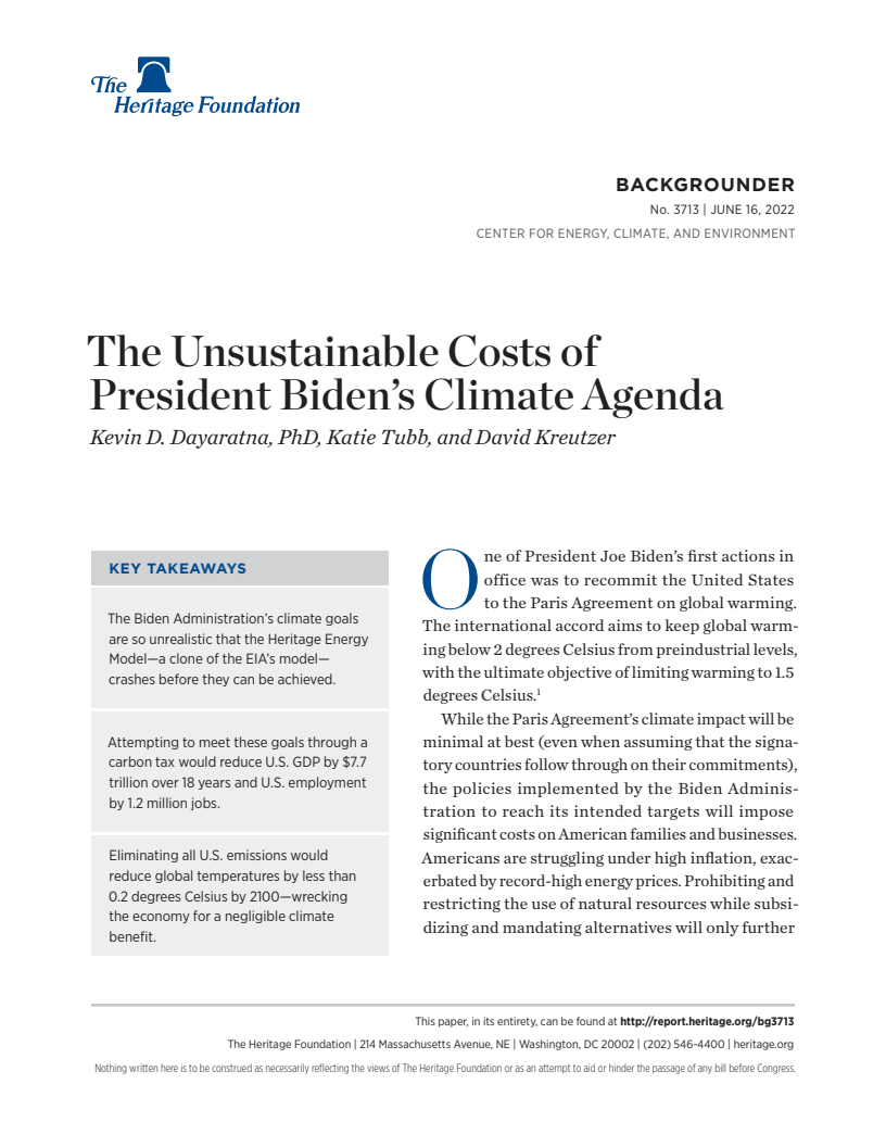 바이든 대통령이 제시한 기후 의제의 지속 불가능한 비용 (The Unsustainable Costs of President Biden’s Climate Agenda)(2022)