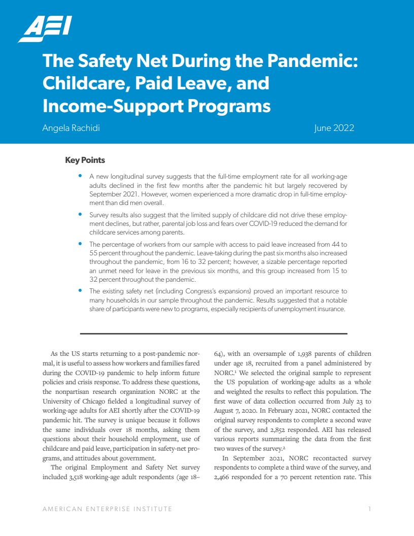 코로나19 대유행 동안의 안전망 : 육아, 유급 휴가 및 소득 지원 프로그램 (The Safety Net During the Pandemic: Childcare, Paid Leave, and Income-Support Programs)