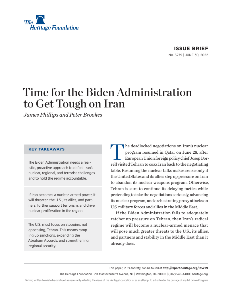 바이든 행정부, 이란에 강경한 자세를 보여야 할 때 (Time for the Biden Administration to Get Tough on Iran)(2022)