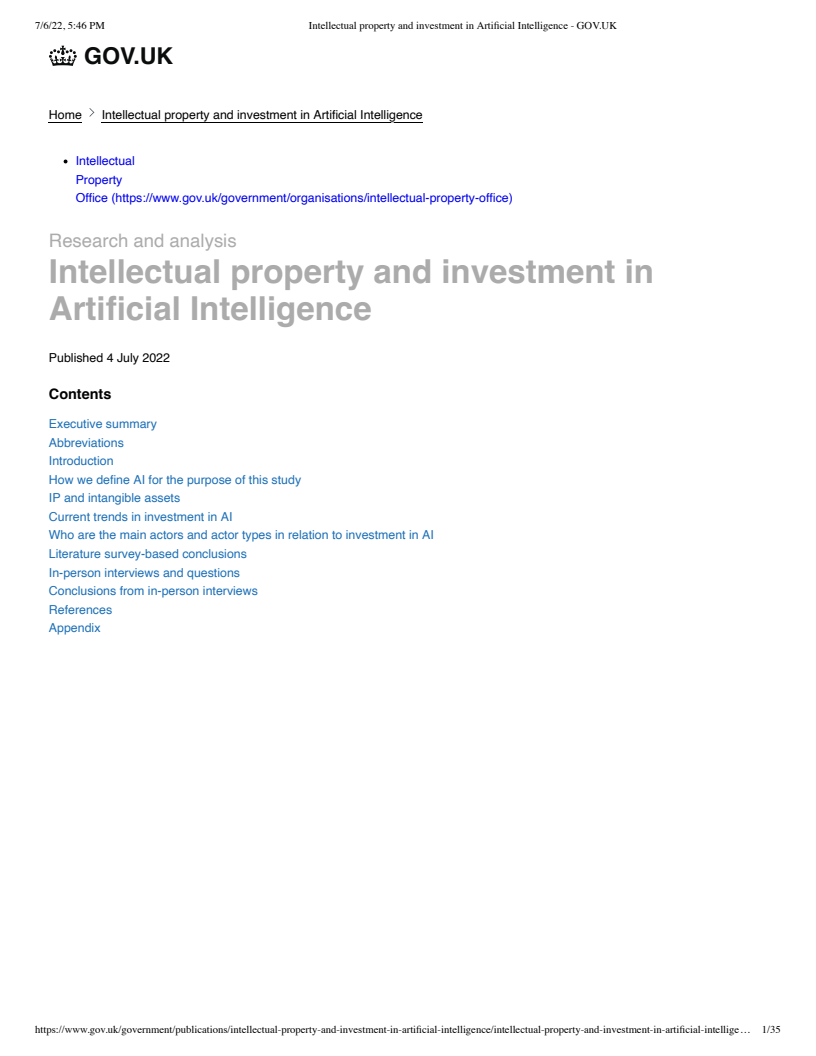 인공지능(AI)에 관한 지식 재산과 투자 (Intellectual property and investment in Artificial Intelligence)(2022)