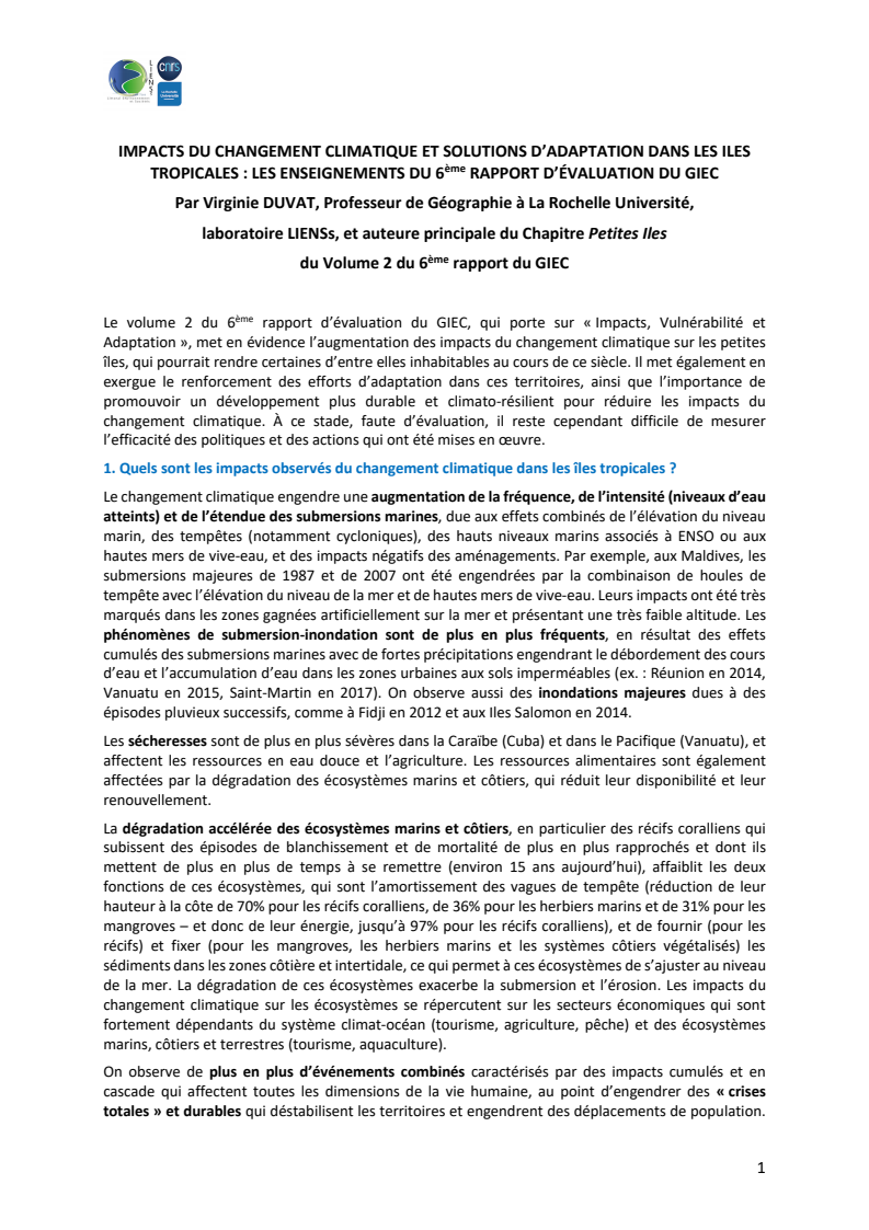 열대섬에 있어서 기후 변화의 영향 및 적응 방법 : 기후변화에 관한 정부간 협의체(IPCC) 제6차 평가 보고서 (Impact du changement climatique et solutions d’adaptation dans les iles tropicales: les enseignements du 6ème rapport d’évaluation du GIEC)