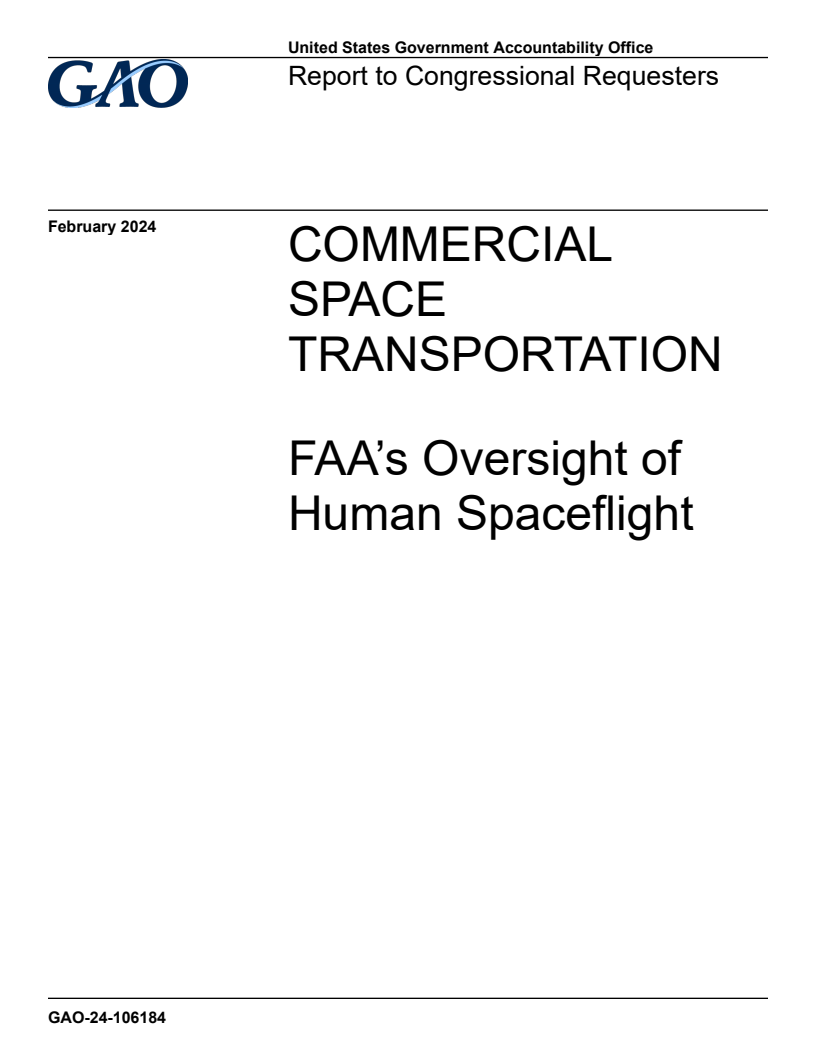 상업 우주 교통 : 연방 항공국의 인간 우주 비행 감독 (Commercial Space Transportation: FAA´s Oversight of Human Spaceflight) 표지