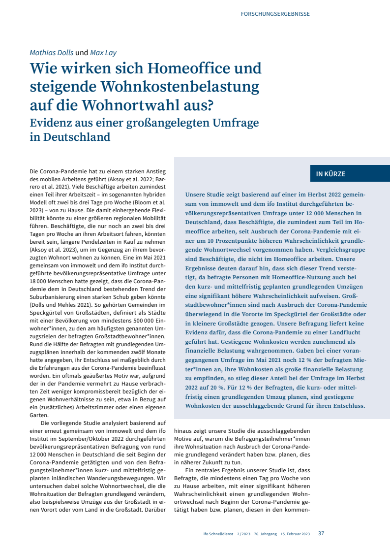 Wie wirken sich Homeoffice und steigende Wohnkostenbelastung auf die Wohnortwahl aus?: Evidenz aus einer großangelegten Umfrage in Deutschland