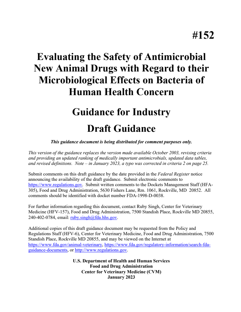 Evaluating the Safety of Antimicrobial New Animal Drugs with Regard to their Microbiological Effects on Bacteria of Human Health Concern: Guidance for Industry