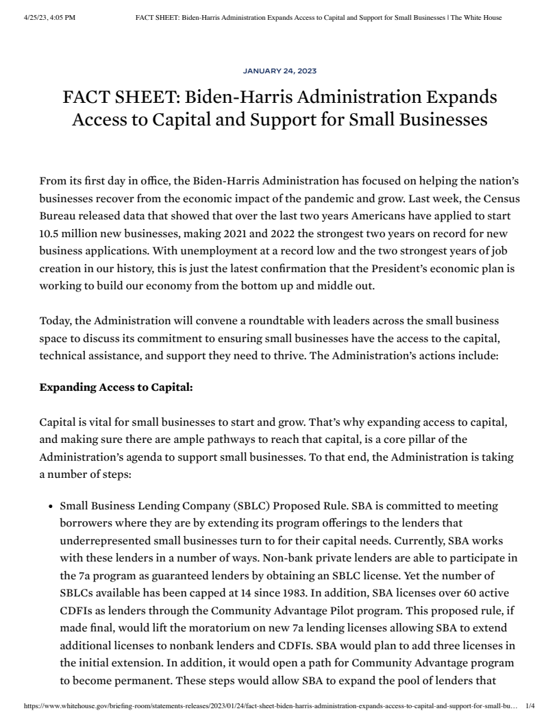 Biden-⁠Harris Administration Expands Access to Capital and Support for Small Businesses