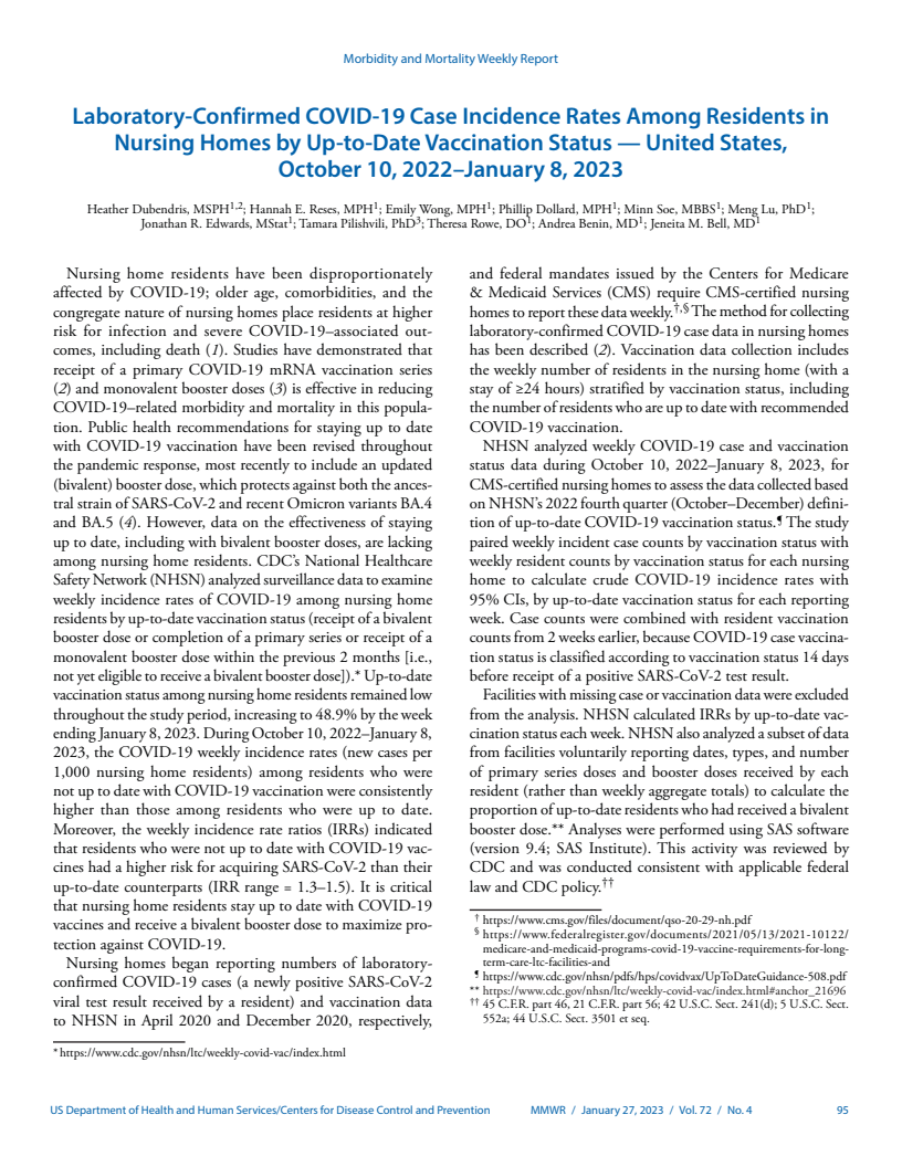 Laboratory-Confirmed COVID-19 Case Incidence Rates Among Residents in Nursing Homes by Up-to-Date Vaccination Status — United States, October 10, 2022–January 8, 2023