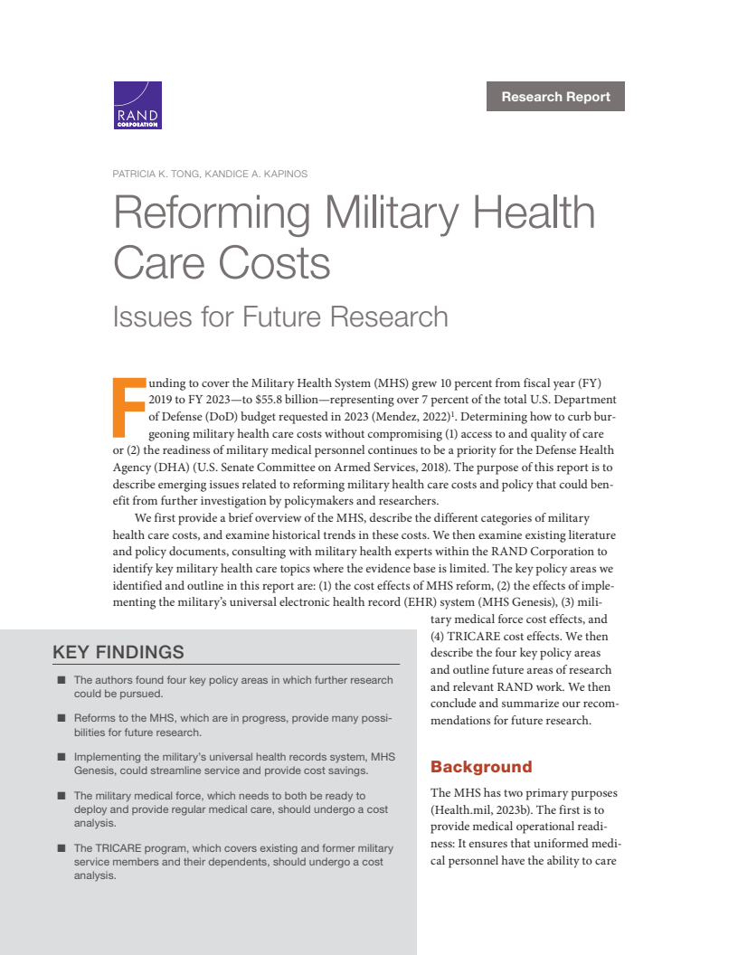 Reforming Military Health Care Costs: Issues for Future Research