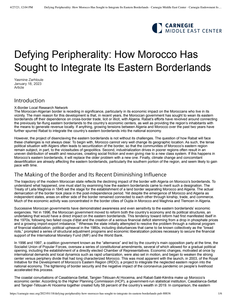 Defying Peripherality: How Morocco Has Sought to Integrate Its Eastern Borderlands