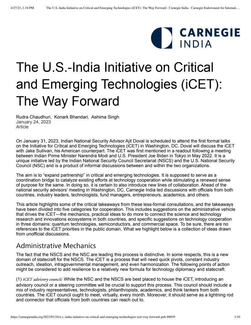 The U.S.-India Initiative on Critical and Emerging Technologies (iCET): The Way Forward