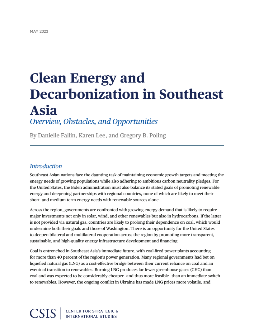 Clean Energy and Decarbonization in Southeast Asia: Overview, Obstacles, and Opportunities