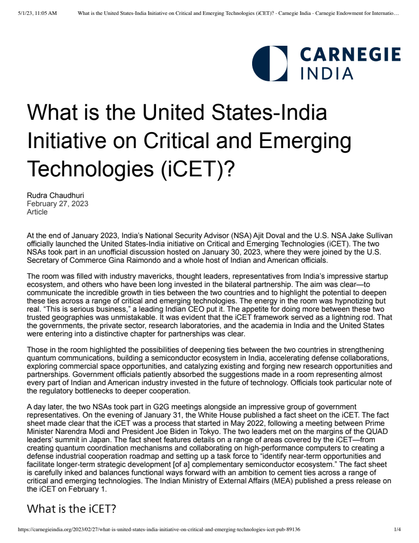 What is the United States-India Initiative on Critical and Emerging Technologies (iCET)?