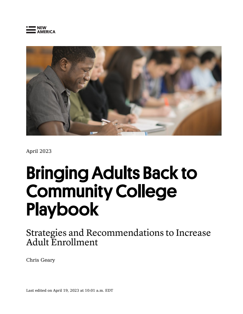 Bringing Adults Back to Community College Playbook: Strategies and Recommendations to Increase Adult Enrollment