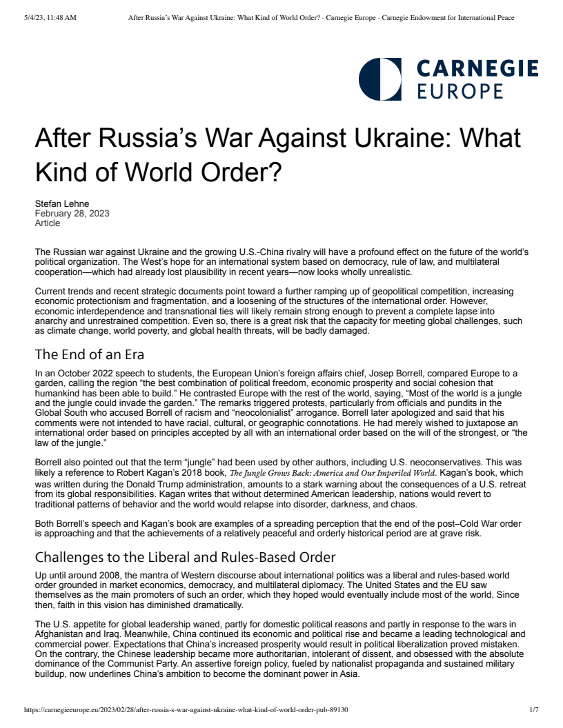 After Russia's War Against Ukraine: What Kind of World Order?