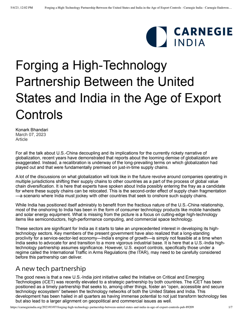 Forging a High-Technology Partnership Between the United States and India in the Age of Export Controls