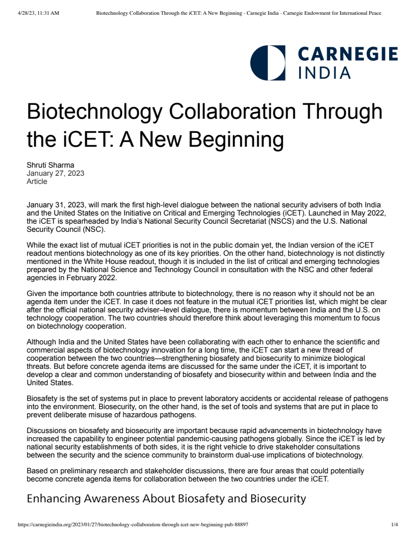Biotechnology Collaboration Through the iCET: A New Beginning