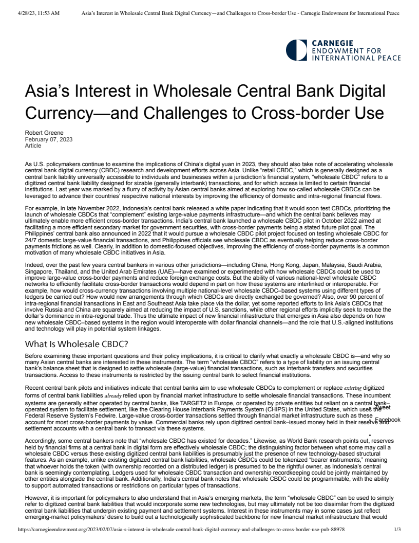 Asia's Interest in Wholesale Central Bank Digital Currency—and Challenges to Cross-border Use