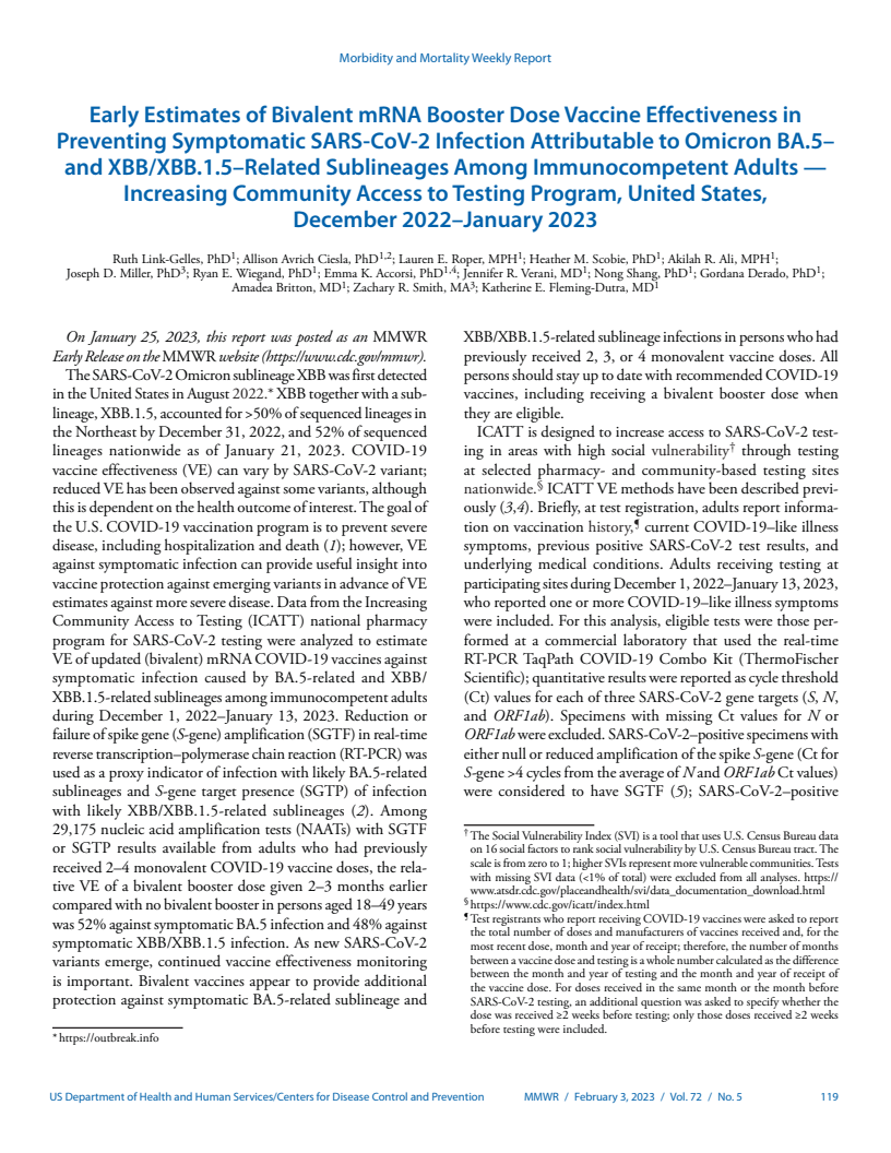 Early Estimates of Bivalent mRNA Booster Dose Vaccine Effectiveness in Preventing Symptomatic SARS-CoV-2 Infection Attributable to Omicron BA.5– and XBB/XBB.1.5–Related Sublineages Among Immunocompetent Adults — Increasing Community Access to Testing Program, United States, December 2022–January 2023
