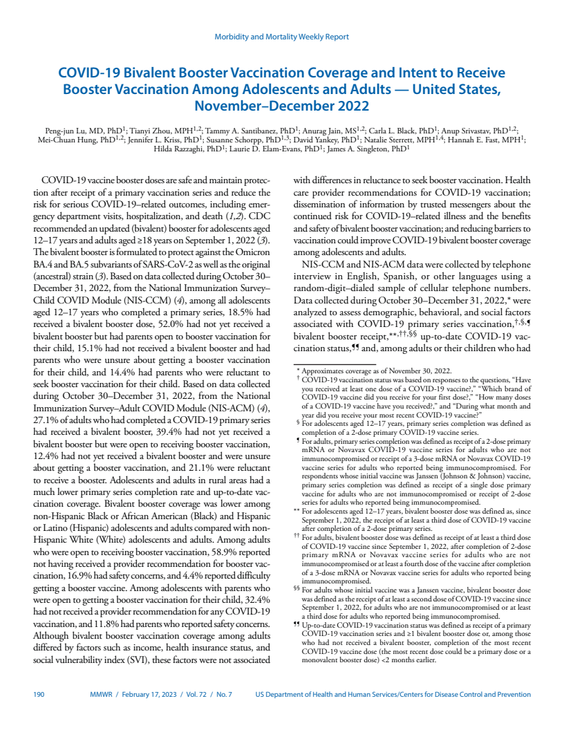 COVID-19 Bivalent Booster Vaccination Coverage and Intent to Receive Booster Vaccination Among Adolescents and Adults — United States, November–December 2022