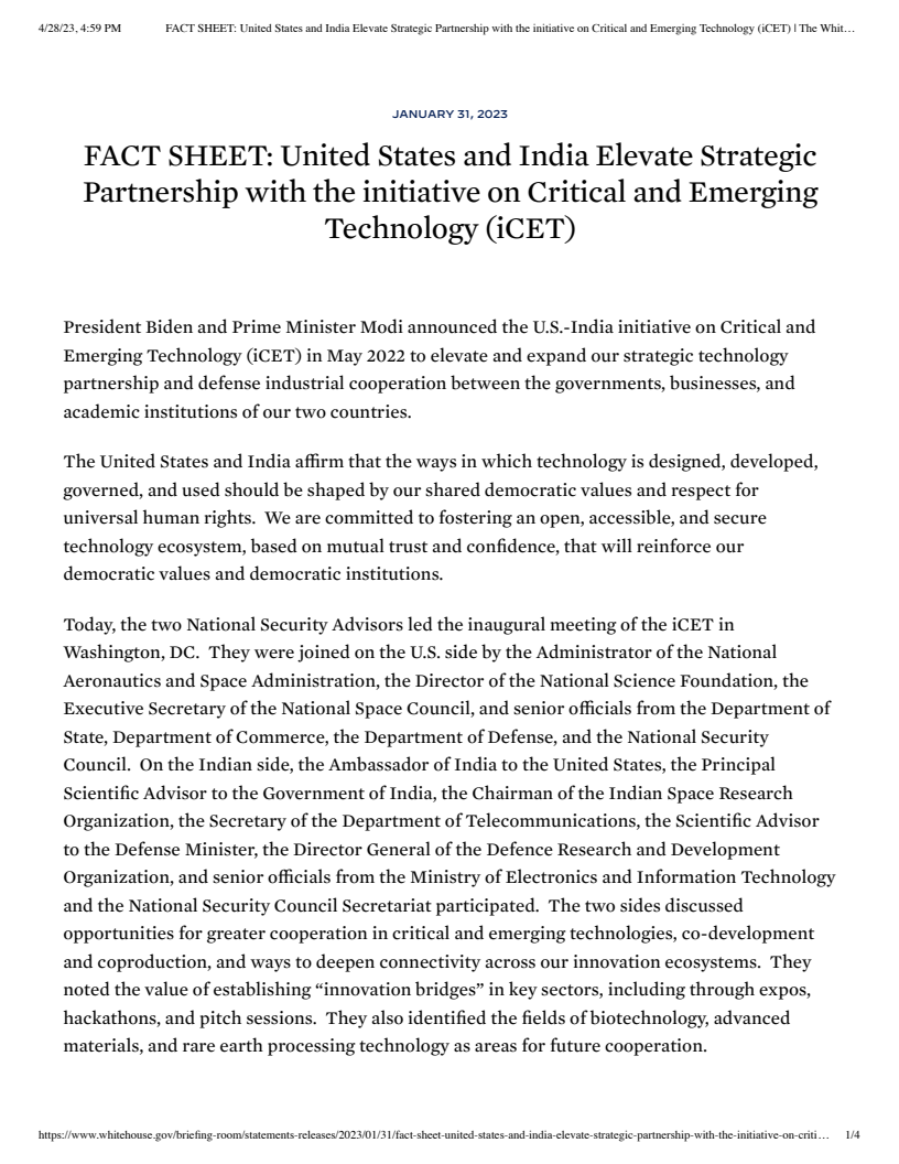 United States and India Elevate Strategic Partnership with the initiative on Critical and Emerging Technology (iCET)