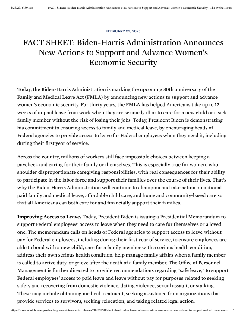 Biden-⁠Harris Administration Announces New Actions to Support and Advance Women's Economic Security