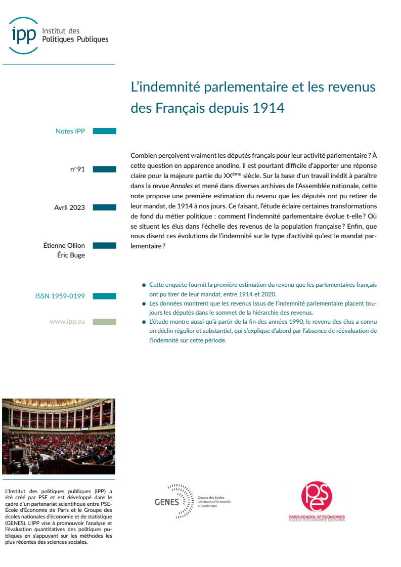 L'indemnité parlementaire et les revenus des Français depuis 1914