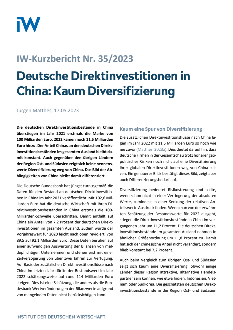 Deutsche Direktinvestitionen in China: Kaum Diversifizierung