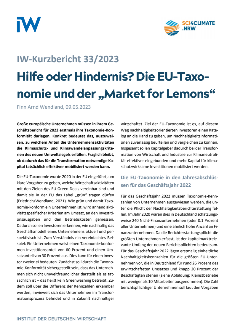 Hilfe oder Hindernis?: Die EU-Taxonomie und der „Market for Lemons“