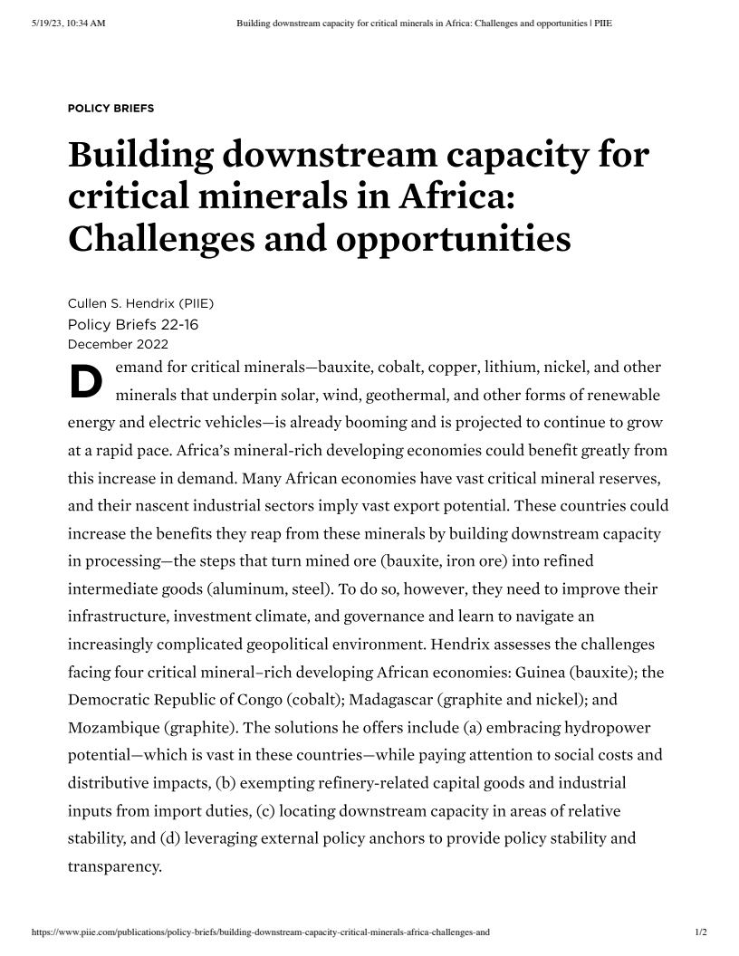 Building Downstream Capacity for Critical Minerals in Africa: Challenges and Opportunities