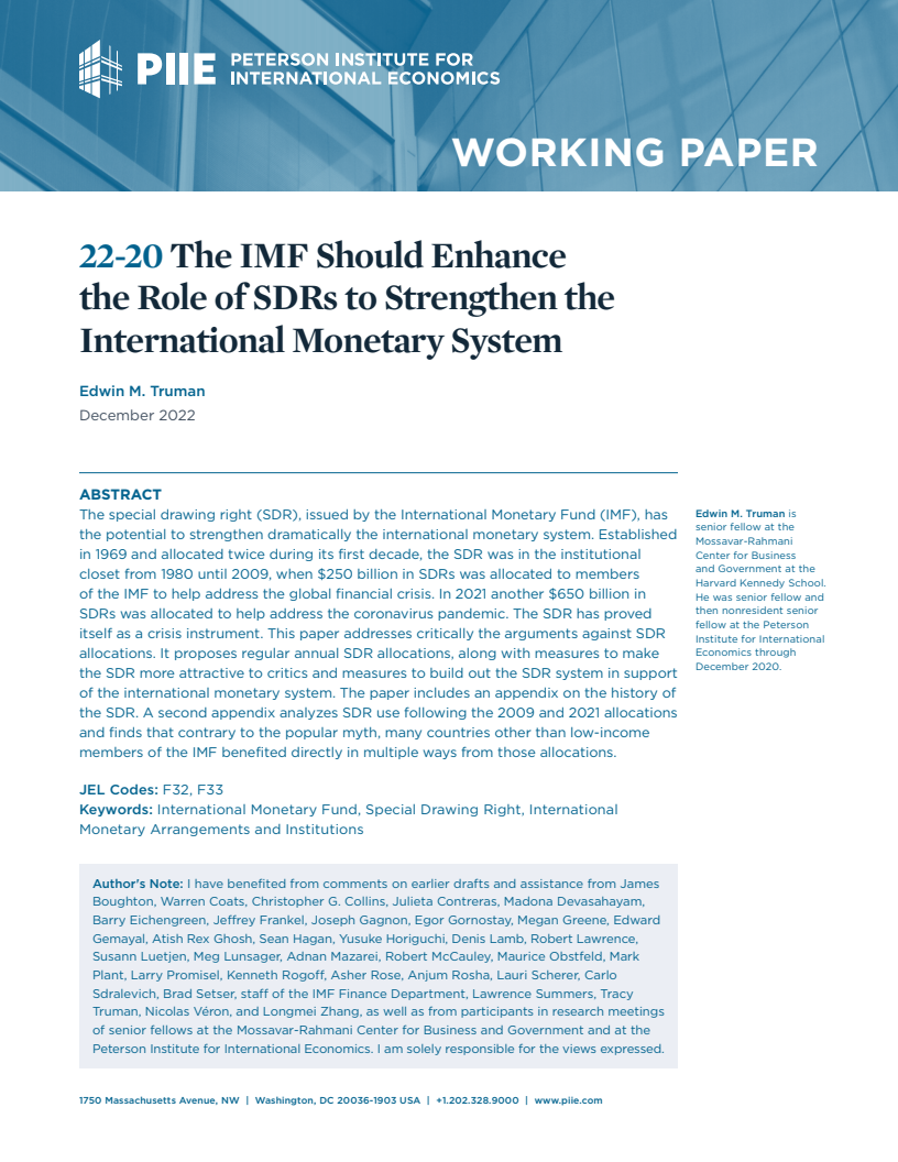 The IMF Should Enhance the Role of SDRs to Strengthen the International Monetary System