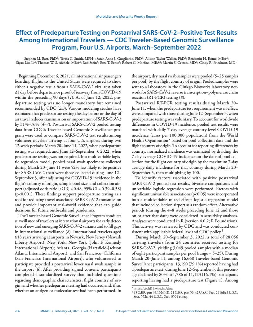 Effect of Predeparture Testing on Postarrival SARS-CoV-2–Positive Test Results Among International Travelers — CDC Traveler-Based Genomic Surveillance Program, Four U.S. Airports, March–September 2022