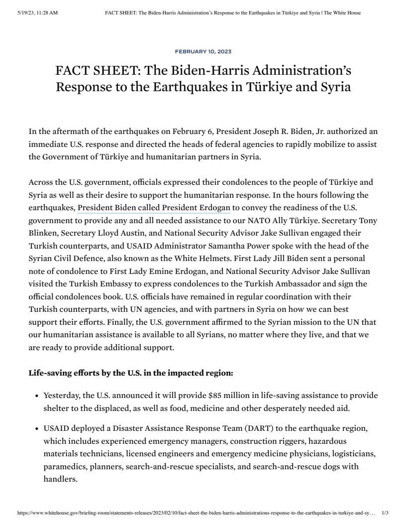 The Biden-⁠Harris Administration's Response to the Earthquakes in Türkiye and Syria