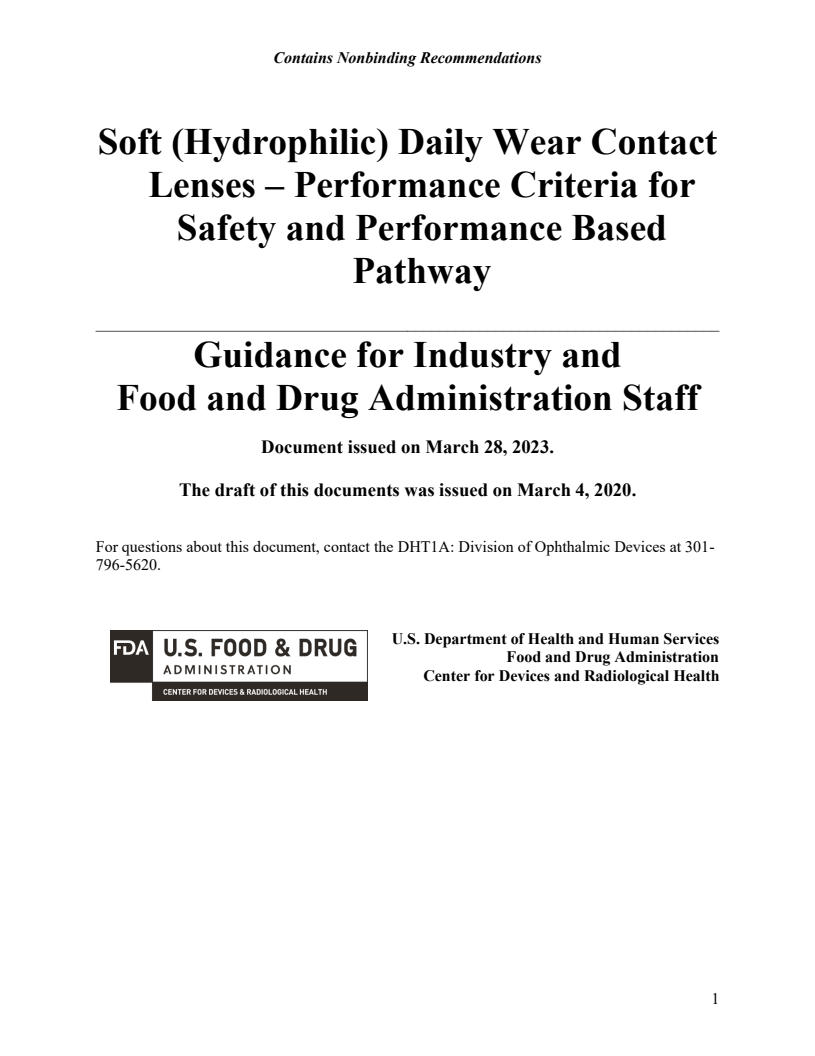 Soft (Hydrophilic) Daily Wear Contact Lenses: Performance Criteria for Safety and Performance Based Pathway - Guidance for Industry and Food and Drug Administration Staff