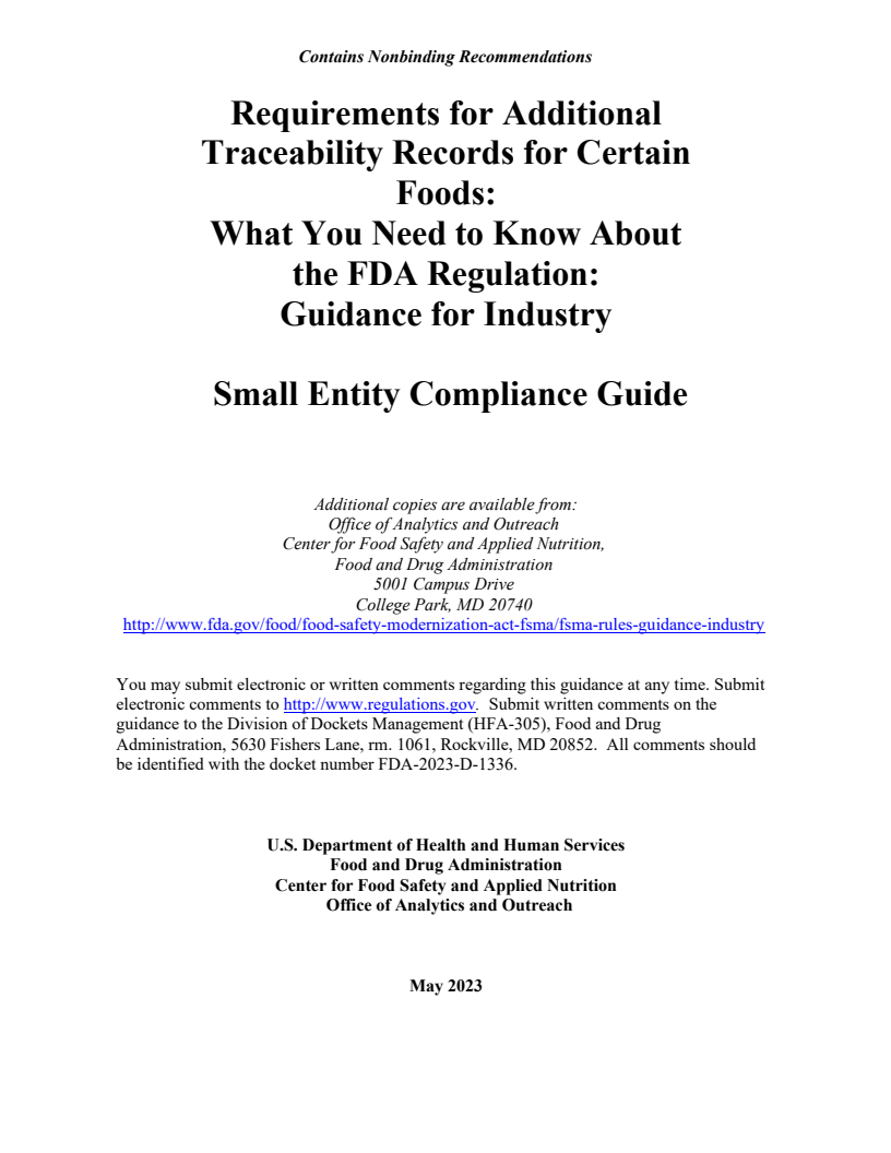 Requirements for Additional Traceability Records for Certain Foods: What You Need to Know About the FDA Regulation - Guidance for Industry, Small Entity Compliance Guide