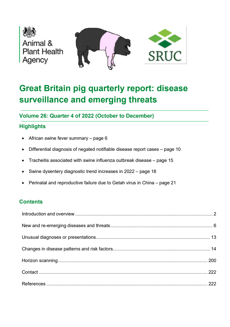 Great Britain pig quarterly report: Disease surveillance and emerging threats - Quarter 4 of 2022