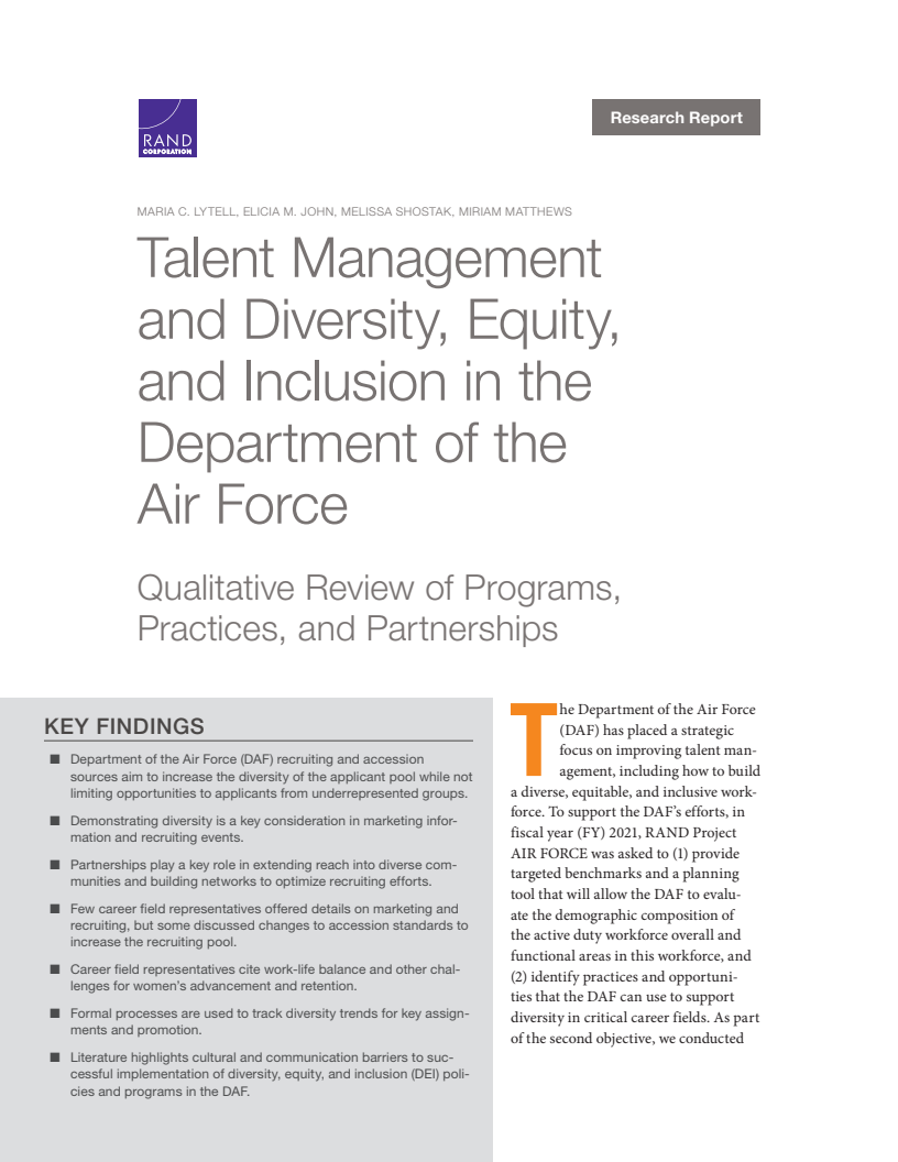 Talent Management and Diversity, Equity, and Inclusion in the Department of the Air Force: Qualitative Review of Programs, Practices, and Partnerships