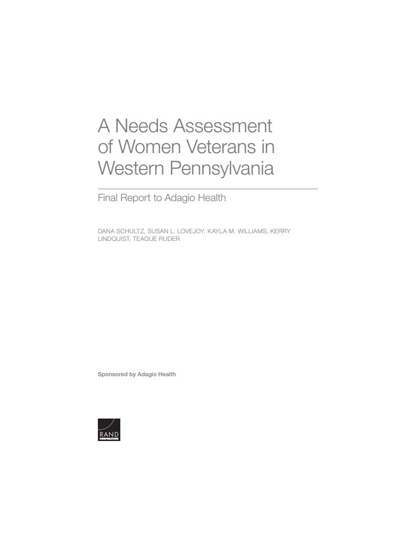A Needs Assessment of Women Veterans in Western Pennsylvania: Final Report to Adagio Health