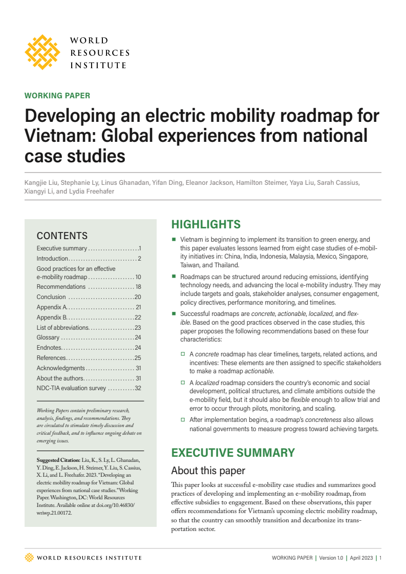 Developing an Electric Mobility Roadmap for Vietnam: Global Experiences From National Case Studies