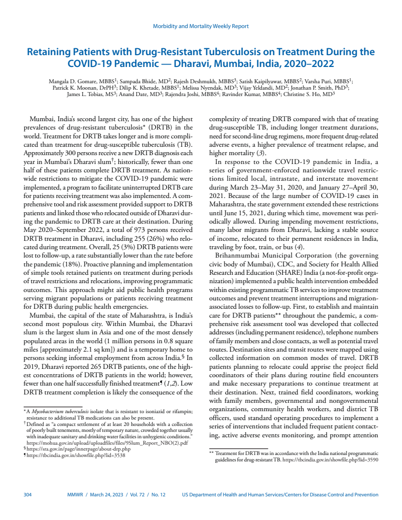 Retaining Patients with Drug-Resistant Tuberculosis on Treatment During the COVID-19 Pandemic — Dharavi, Mumbai, India, 2020–2022