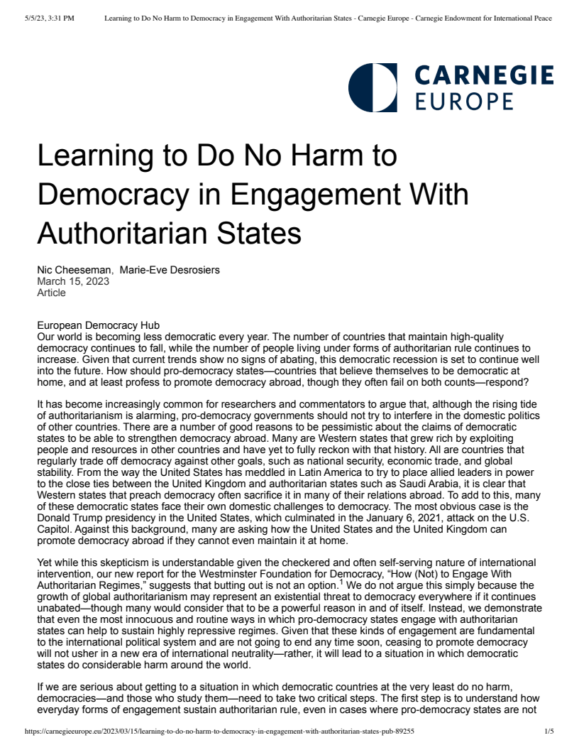 Learning to Do No Harm to Democracy in Engagement With Authoritarian States